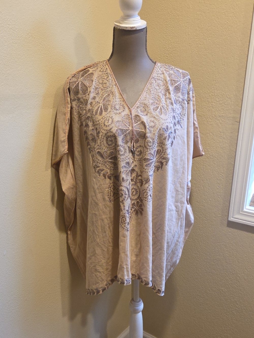Flora Bella Beige Embroidered V-Neck Tunic / Swim Cover